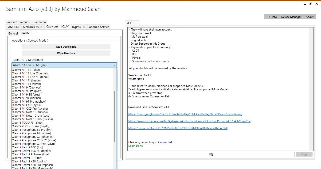 SamFirm AIO Tool v3.3 main window — Samsung firmware downloader by Mahmoud Salah